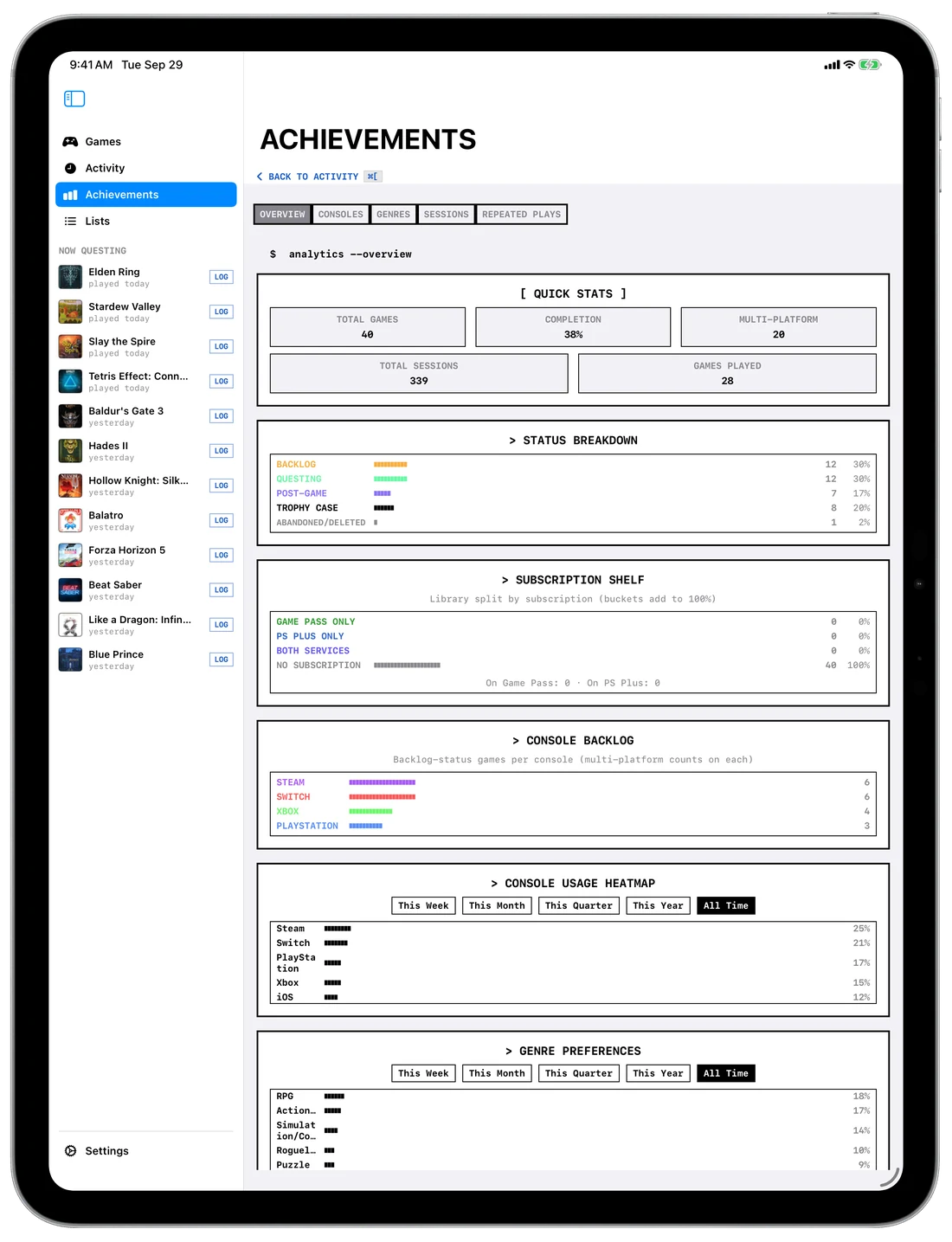 The statistics screen on iPad: quick stats, status breakdown, console backlog, usage heatmap and genre preferences.