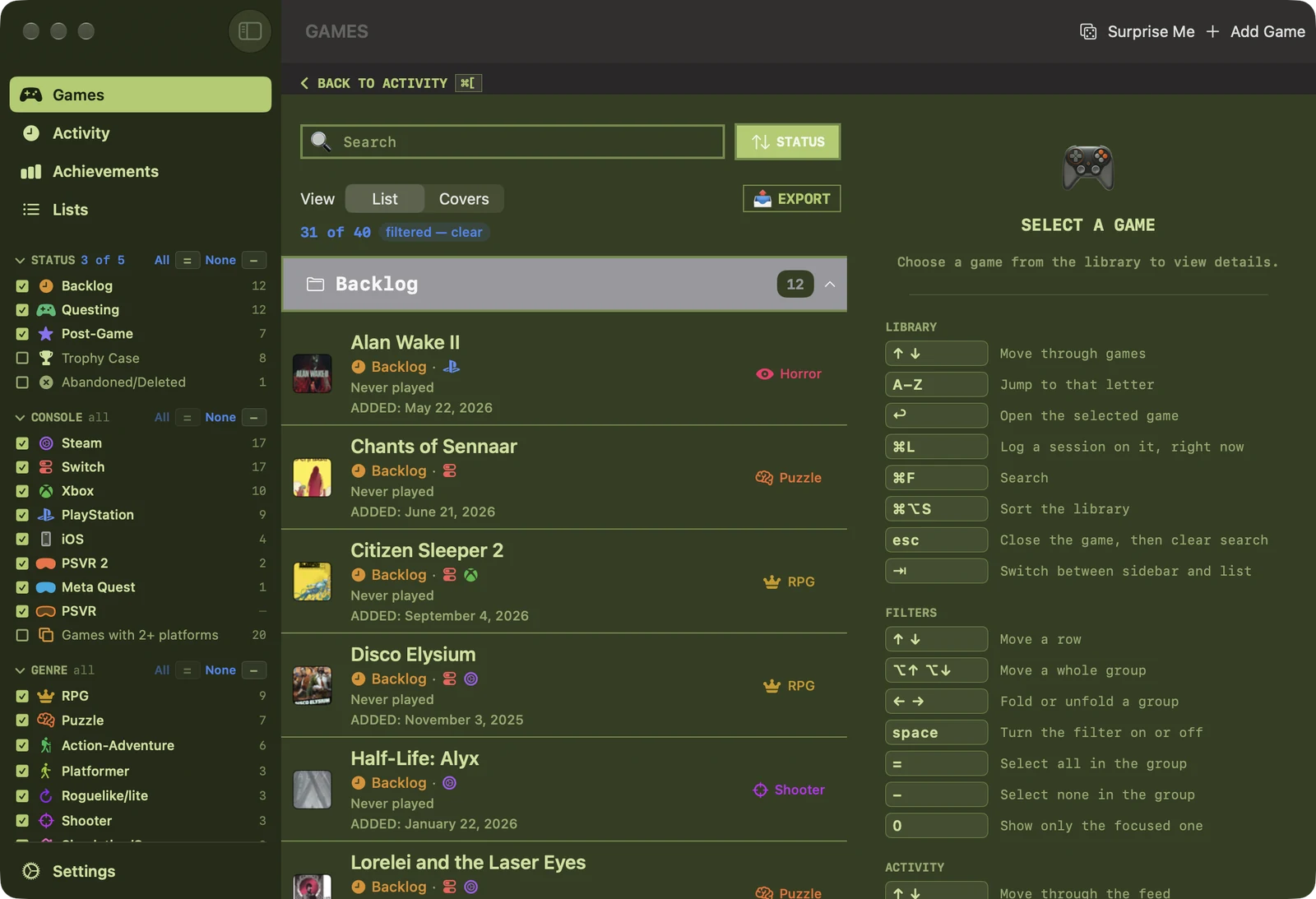 Quest Chronicle on macOS: the library beside the keyboard guide, in the Green Terminal theme.